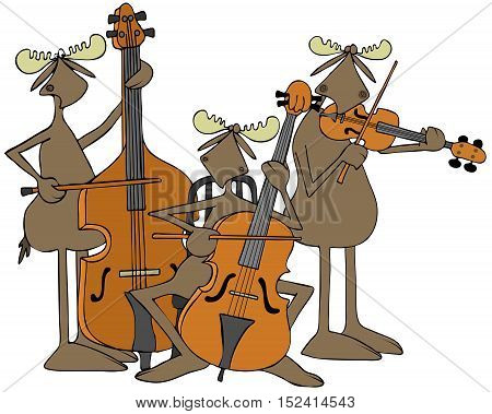 Illustration of three bull moose playing a double bass, cello and violin.