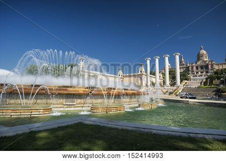 BARCELONA, SPAIN - JULY 12, 2016: Barcelona (Catalunya Spain): the hill of Montjuich and the Museum of Catalan Art and fountains