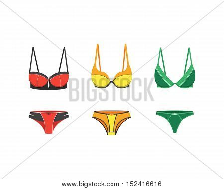 Attractive sexy woman underwear clothing isolated on white. Romantic and sensual wear set. Bras and panties. Modern lingerie flat fashion design vector illustration. Brassiere clothes for women breast