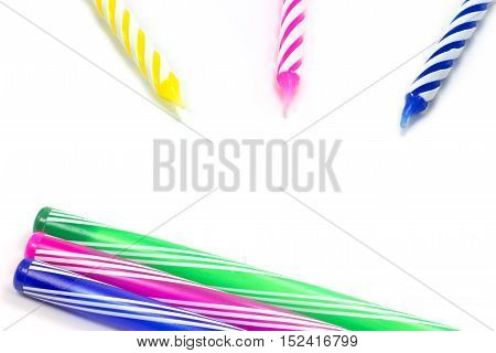 Happy birthday candle and Colorful pen on white background