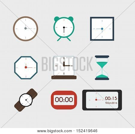 Watches in different colors icons for web vector set. Flat style.