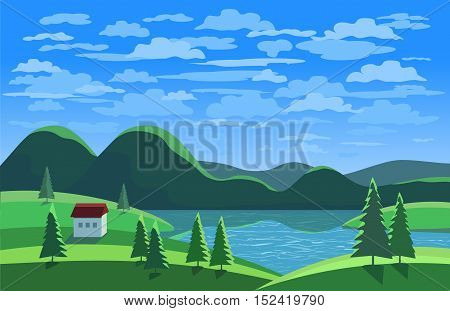 Green landscape. Mountain river in the valley. Houses on river bank. Lake view among green hills and pine trees. Sunny daylight scene background. Cartoon Vector Illustration