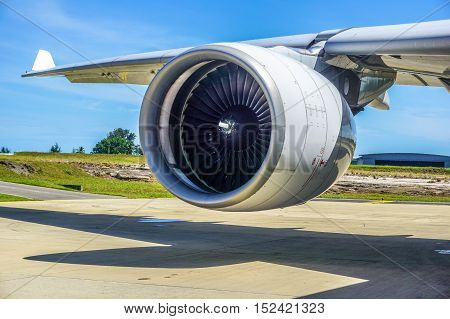 Labuan,Malaysia-Oct 19,2016:MASkargo Airbus A330-200F aircraft id 9M-MUA with General Electric CF6-80E1 turbofan engine at Labuan Airport on 19th Oct 2016.