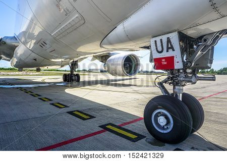 Labuan,Malaysia-Oct 19,2016:MASkargo Airbus A330-200F aircraft id 9M-MUA front landing gear wide-body airplane at Labuan Airport on 19th Oct 2016.