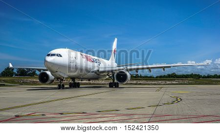 Labuan,Malaysia-Oct 19,2016:MASkargo Airbus A330-200F aircraft id 9M-MUA is rolling for takeoff on runway at Labuan Airport on 19th Oct 2016.MASkargo is the premier air cargo carrier based in Malaysia