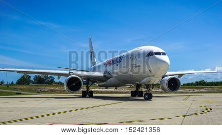 Labuan,Malaysia-Oct 19,2016:MASkargo Airbus A330-200F aircraft id 9M-MUA is rolling for takeoff on runway at Labuan Airport on 19th Oct 2016.MASkargo is the premier air cargo carrier based in Malaysia