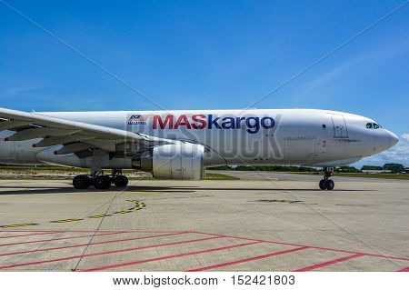 Labuan,Malaysia-Oct 19,2016:MASkargo Airbus A330-200F aircraft id 9M-MUA is rolling for takeoff on runway at Labuan Airport on 19th Oct 2016.MASkargo is the premier air cargo carrier based in Malaysia
