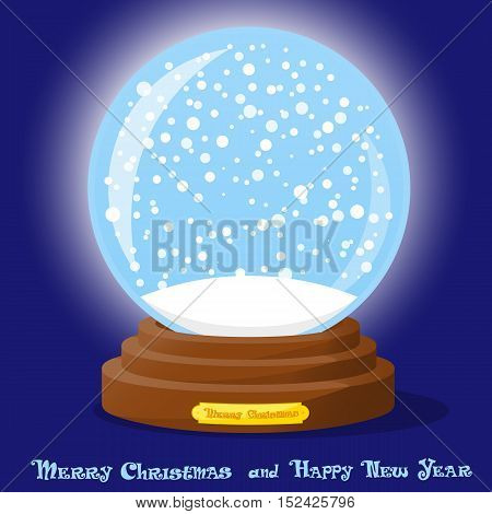 Cute glass Snow Globe with snowflakes on blue gradient background. Merry Christmas and Happy New Year souvenir. Cartoon style. Concept design poster banner flyer greeting card. Vector illustration