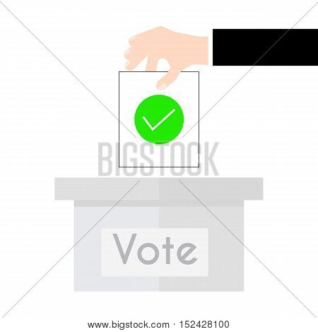 Vector illustration voting concept - hand putting voting paper in the ballot box. Hand casting a vote. Vote ballot in hand with box in flat style. Infographics concept vote pros and cons.