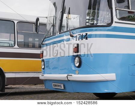 Saint Petersburg Russia September 17 2016: Old bus in the parking lot in St. Petersburg Russia