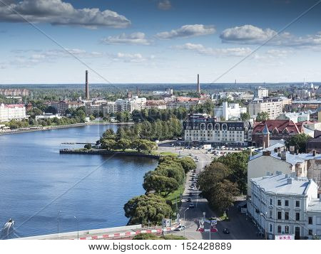 Vyborg Russia September 3 2016: panorama of Vyborg from the lookout tower in the Vyborg castle in Vyborg Russia