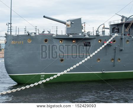 Saint Petersburg Russia September 12 2016: Bow gun of the Cruiser Aurora in Saint-Petersburg Russia