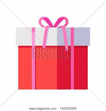 Single red gift box with pink ribbon in flat design. Beautiful present box with overwhelming bow. Gift box icon. Gift symbol. Christmas gift box. Isolated vector illustration