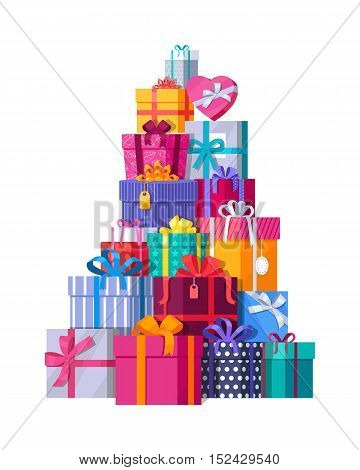 Mountain of colorful gift boxes on white background. Big stack of christmas presents. Decorative stylish wrap for presents package on boxes with ribbons and bows. Gifts web icon sign symbol. Vector