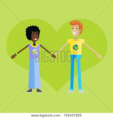 Smiling man and woman with branch and leaves emblem on clothes, standing and holding hands. Ecologist, environmentalist, nature protection activist or volunteer illustration. Flat design. Earth day.