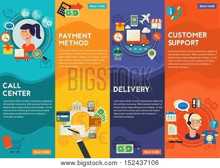 Customer Support, Call Senter, Payment Methods and Delivery concept banners. Flat style vector illustration online web banners