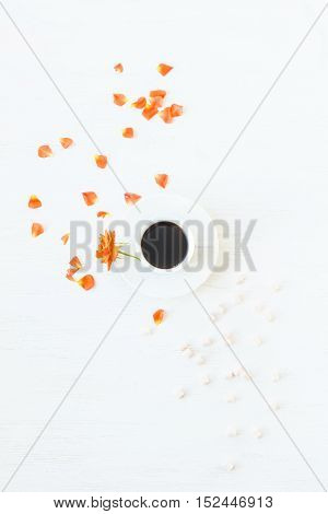Morning. Cup of coffee rose flowers. Flat lay top view