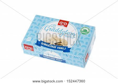 Stockhom,l Sweden - January 23, 2016: A pack of 0.5 liters of ice cream with vanilla flavor produced by the GB for the Swedish market isolated on white.