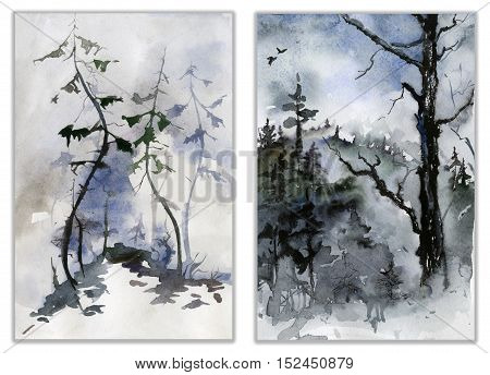 Set of two forest landscapes. Watercolor painting.