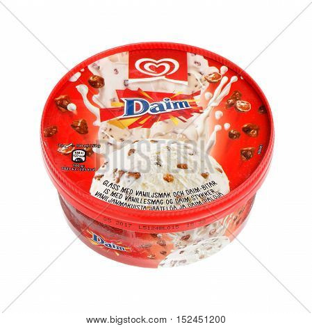 Stockholm, Sweden - December 9, 2015: One package of ice cream mixed with Daim candy sold under the heart brand owned by Unilever for the Swedish market.