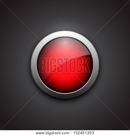 Red shiny button with metallic elements. Button with shadow black background. Glossy design for website. Vector illustration.