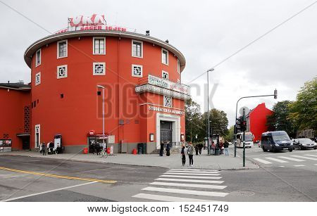 Trondheim, Norway - September 26, 2015: The building of The Student Society (Studentersamfundet) an organization for students in Trondheim at Elgesetergate 1 in Trondheim. The building has banners on the roof for the cultural festival UKA.
