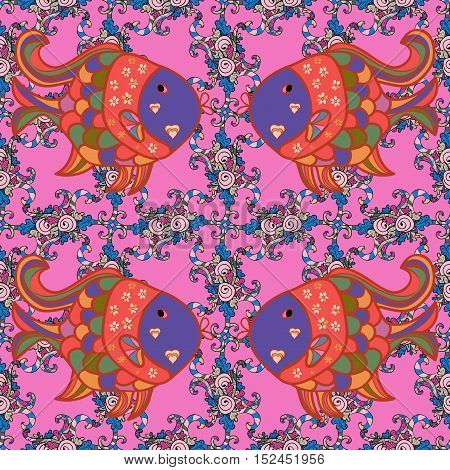 Pink and green flowers seamless background. Vector illustration. Fish