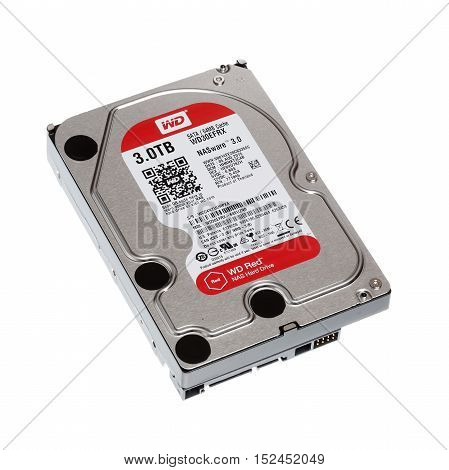 Stockholm, Sweden - October 17, 2017: Western Digital Red 3.5 inch hard drive 3.0 TB for use in NAS systems isolated on white.
