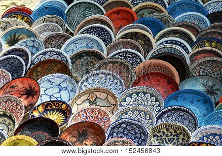 multicolor sovenir earthenware in tunisian market, Sidi Bou Said, Tunisia