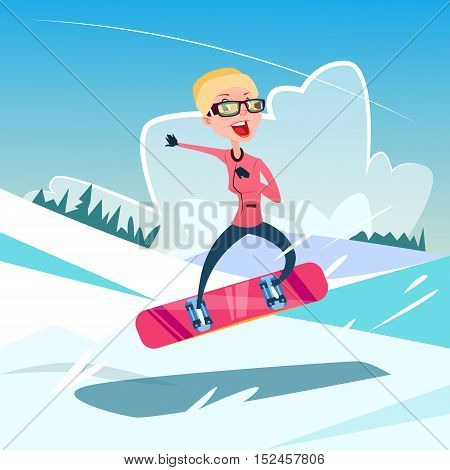 Woman On Hold Snowboard Winter Activity Sport Vacation Snow Mountain Slope Flat Vector Illustration
