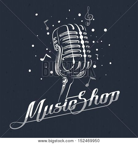 Retro vintage microphone with notes a music shop Vector illustration