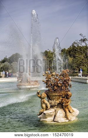 Aranjuez Spain - October 16 2016: Beautiful fountain near the Royal Palace of Aranjuez located in the Royal Site and town of Aranjuez UNESCO World Heritage site Madrid province Spain