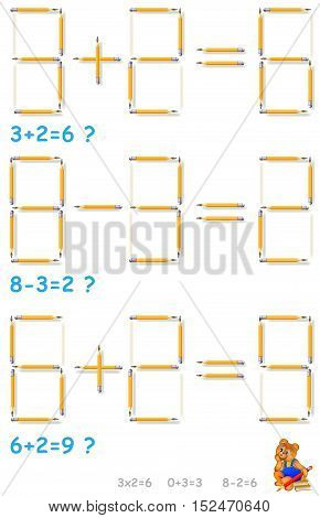 Logic puzzle. In each task move 2 pencils to make the equations correct. Vector image. Scale to any size without loss of resolution.