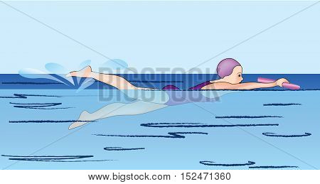Girl swimmer racing in the pool illustration. Swimming school lesson banner