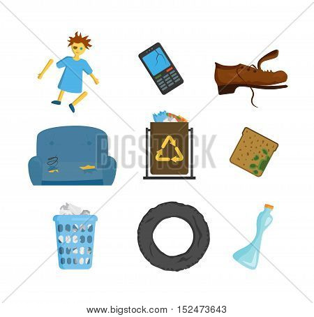 Vector drawings set of waste and garbage for recycling.