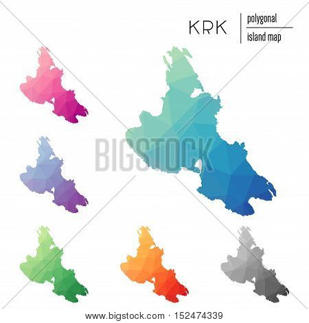 Set Of Vector Polygonal Krk Maps Filled With Bright Gradient Of Low Poly Art. Multicolored Island Ou