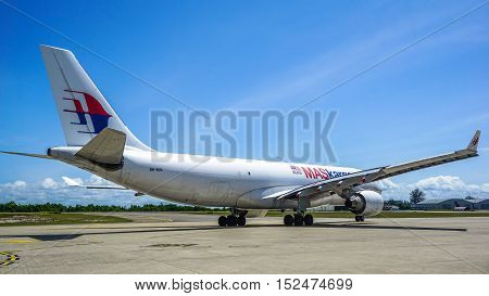 Labuan,Malaysia-Oct 19,2016:MASkargo Airbus A330-200F aircraft id 9M-MUA is rolling for takeoff on runway at Labuan Airport on 19th Oct 2016.MASkargo is the premier air cargo carrier based in Malaysia