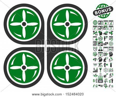 Nanocopter Screws Rotaion pictograph with bonus calendar and time management pictograph collection. Vector illustration style is flat iconic symbols, green and gray colors, white background.