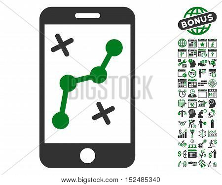 Route Smartphone pictograph with bonus calendar and time management clip art. Vector illustration style is flat iconic symbols, green and gray colors, white background.