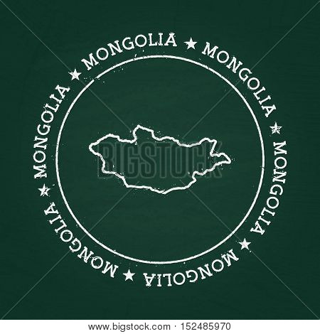 White Chalk Texture Rubber Seal With Mongolia Map On A Green Blackboard. Grunge Rubber Seal With Cou