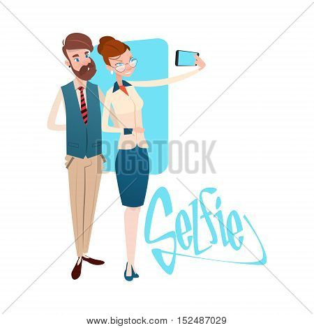 Business People Couple Man Woman Taking Selfie Photo On Smart Phone Flat Vector Illustration