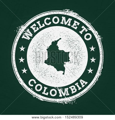 White Chalk Texture Retro Stamp With Republic Of Colombia Map On A Green Blackboard. Grunge Rubber S
