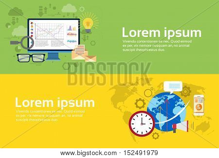 Analysis Computer Finance Diagram Set Digital Marketing Business Web Banner Flat Vector Illustration