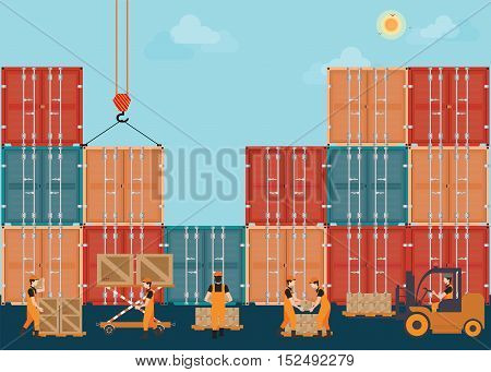 Containers with crain and Workers working to Loading boxesTransportation logistics flat design conceptual vector illustration.