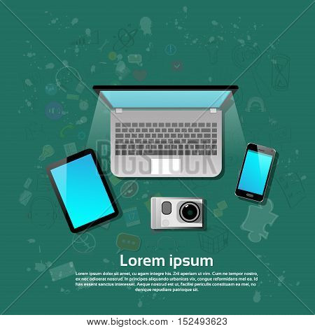 Laptop Computer Tablet Cell Smart Phone Video Camera Set Flat Vector Illustration
