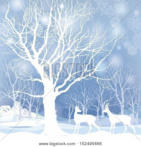 Snow winter landscape with two deers. Abstract vector illustration of winter forest. Snow winter background.