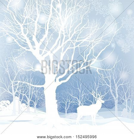 Snow winter landscape with animal deer. Nature illustration of winter forest. Snow winter background.