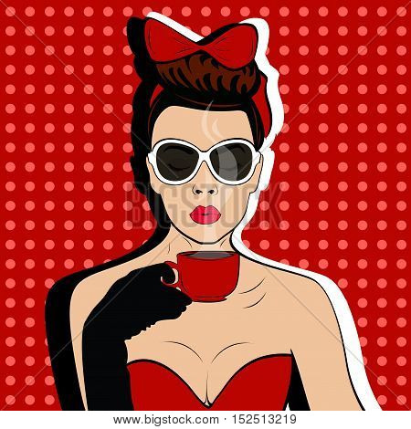 Girl with Cup of coffee pop art retro style. Restaurants and coffee shops. A hot beverage. Courage love and care.