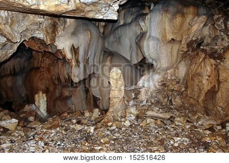 Bizarre mineral formations in a stalactite cave