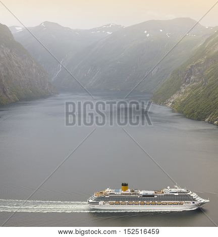 Norwegian fjord landscape. Storfjorden. Hellesylt Geiranger cruise travel. Tourism